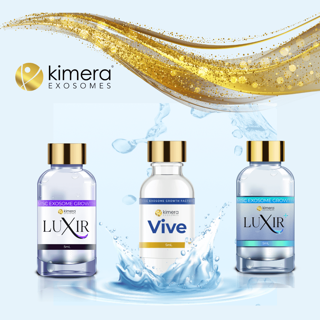 Kimera Labs exosome product line: Vive, Luxir, and Luxir+ vials distributed by ExaVeyra Sciences